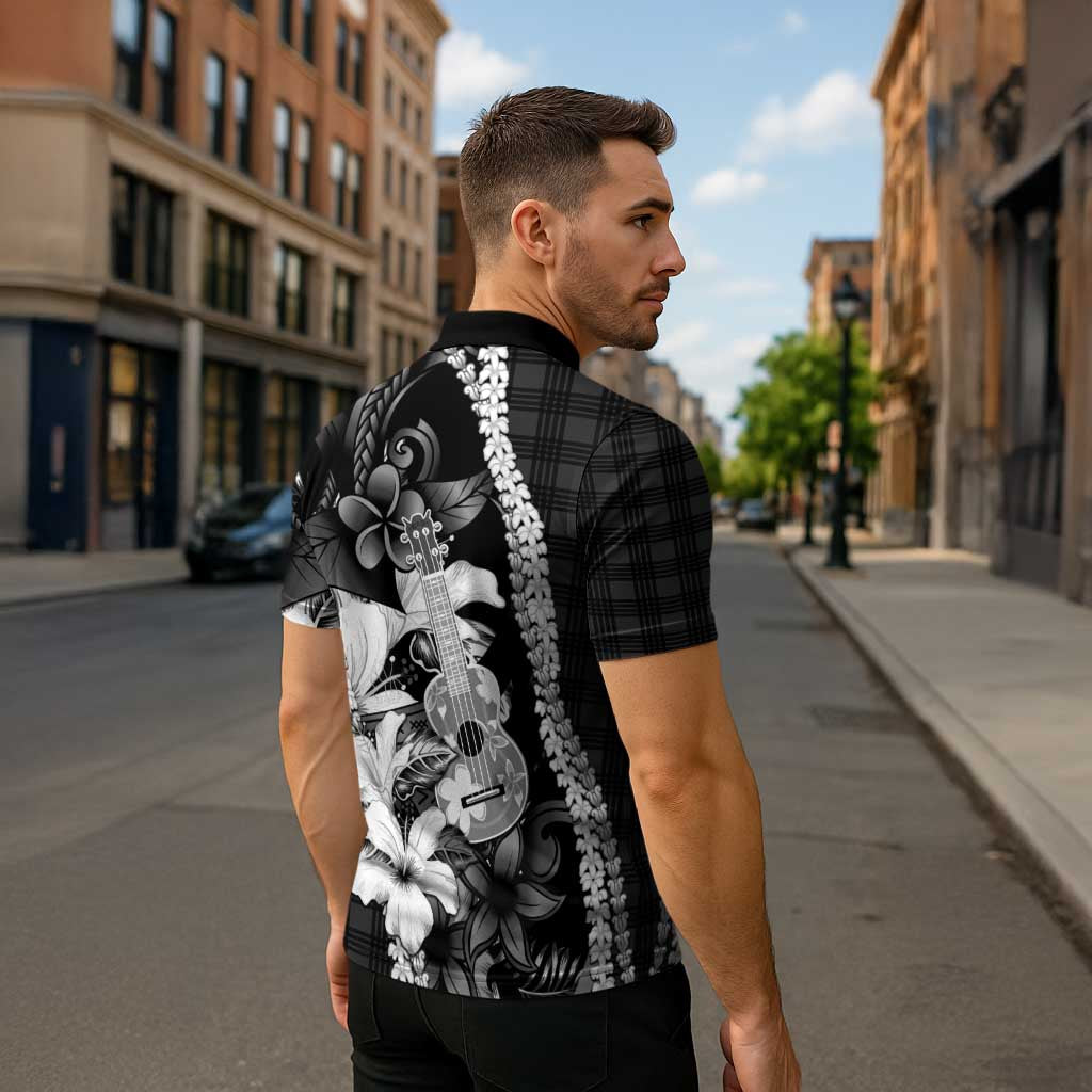 Hawaii Ukulele Zipper Polo Shirt Tropical Flowers With Palaka Effect Black Version - Polynesian Pride