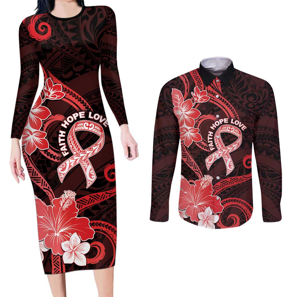 Heart Health Awareness Couples Matching Long Sleeve Bodycon Dress and Long Sleeve Button Shirt Warrior Wears Red Polynesian Style LT05 Red - Polynesian Pride