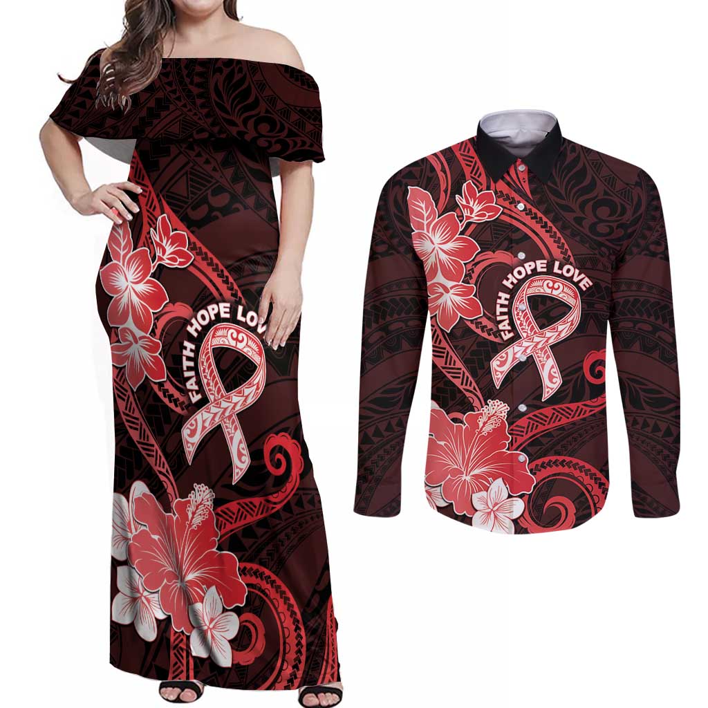 Heart Health Awareness Couples Matching Off Shoulder Maxi Dress and Long Sleeve Button Shirt Warrior Wears Red Polynesian Style LT05 Red - Polynesian Pride