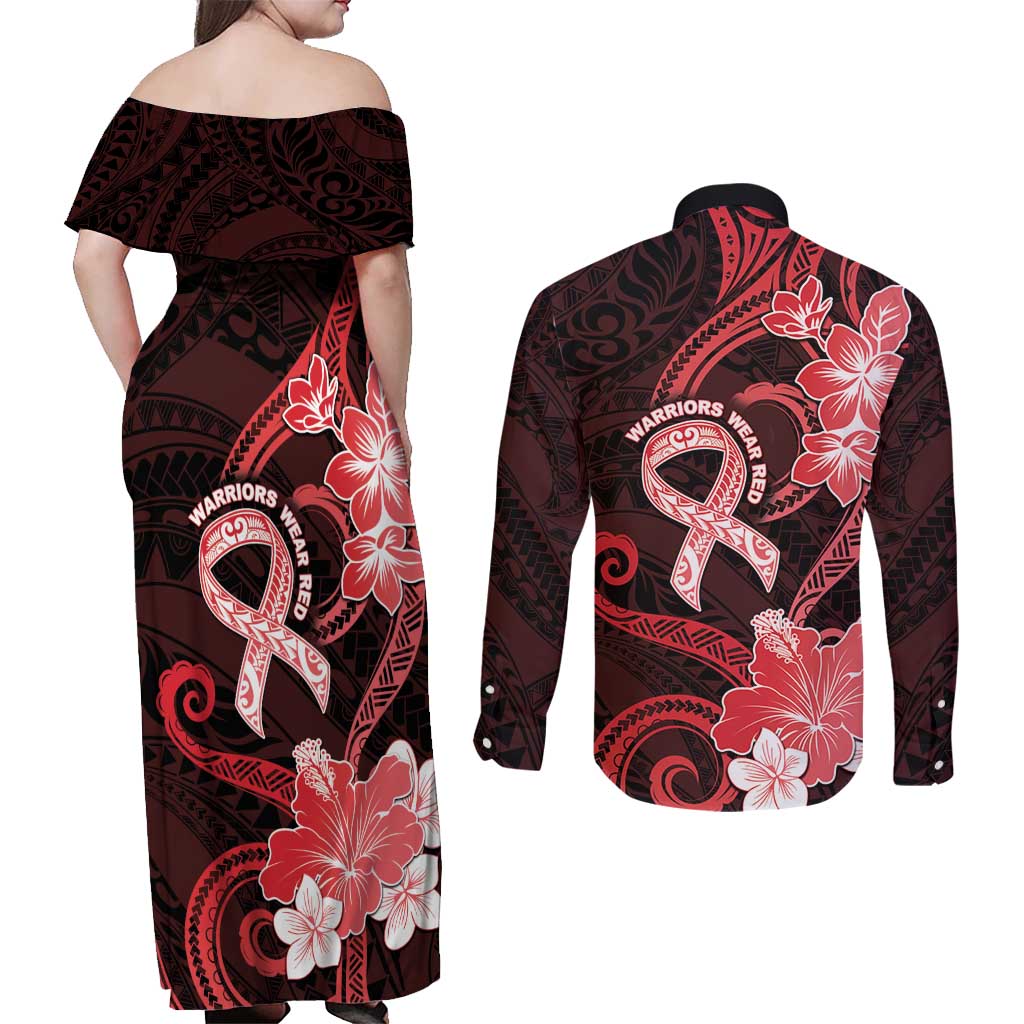 Heart Health Awareness Couples Matching Off Shoulder Maxi Dress and Long Sleeve Button Shirt Warrior Wears Red Polynesian Style LT05 - Polynesian Pride