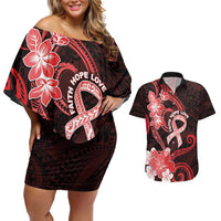 Heart Health Awareness Couples Matching Off Shoulder Short Dress and Hawaiian Shirt Warrior Wears Red Polynesian Style