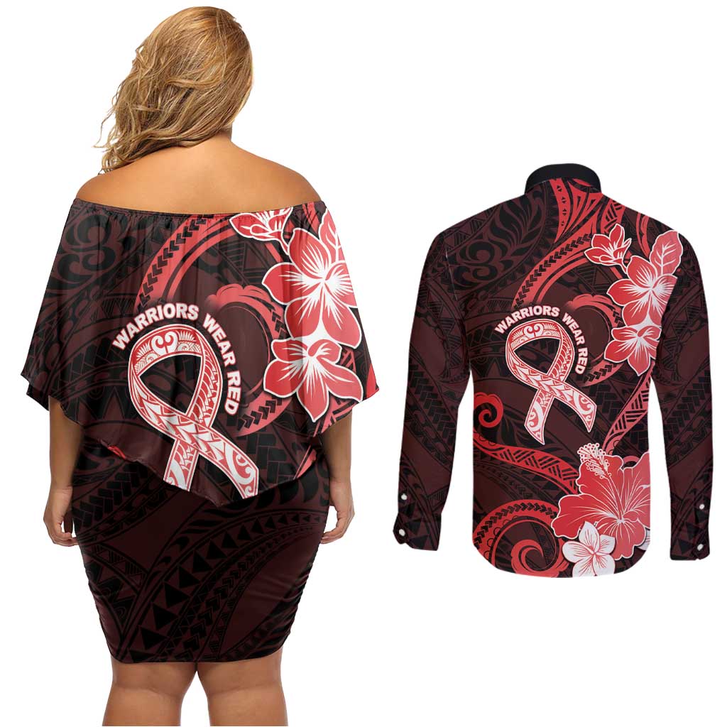Heart Health Awareness Couples Matching Off Shoulder Short Dress and Long Sleeve Button Shirt Warrior Wears Red Polynesian Style LT05 - Polynesian Pride