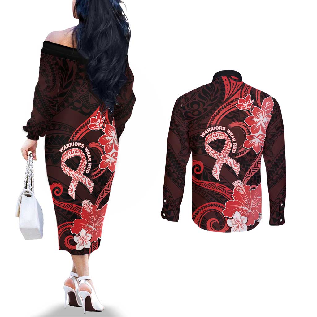 Heart Health Awareness Couples Matching Off The Shoulder Long Sleeve Dress and Long Sleeve Button Shirt Warrior Wears Red Polynesian Style LT05 - Polynesian Pride