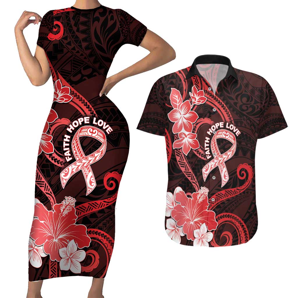 Heart Health Awareness Couples Matching Short Sleeve Bodycon Dress and Hawaiian Shirt Warrior Wears Red Polynesian Style