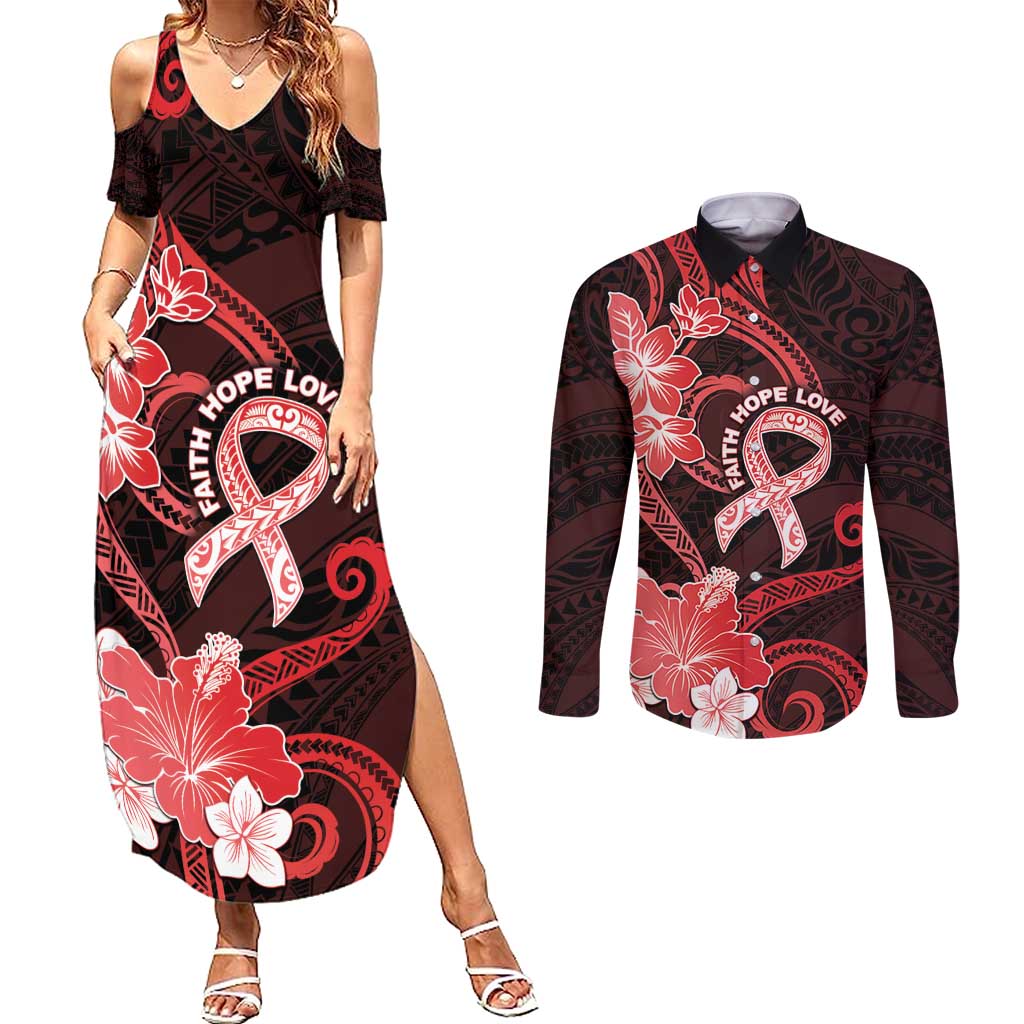 Heart Health Awareness Couples Matching Summer Maxi Dress and Long Sleeve Button Shirt Warrior Wears Red Polynesian Style LT05 Red - Polynesian Pride