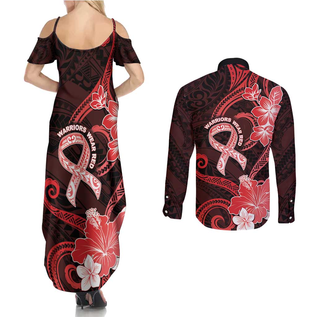 Heart Health Awareness Couples Matching Summer Maxi Dress and Long Sleeve Button Shirt Warrior Wears Red Polynesian Style LT05 - Polynesian Pride