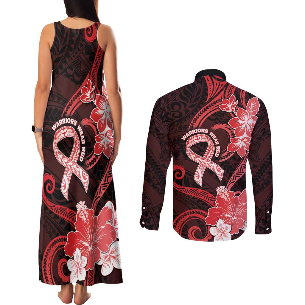Heart Health Awareness Couples Matching Tank Maxi Dress and Long Sleeve Button Shirt Warrior Wears Red Polynesian Style LT05 - Polynesian Pride