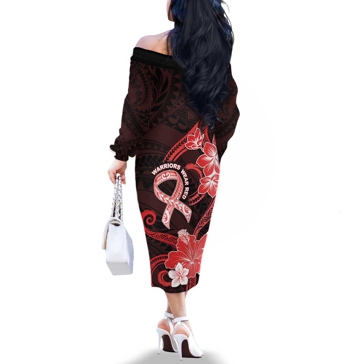 Heart Health Awareness Family Matching Off The Shoulder Long Sleeve Dress and Hawaiian Shirt Warrior Wears Red Polynesian Style