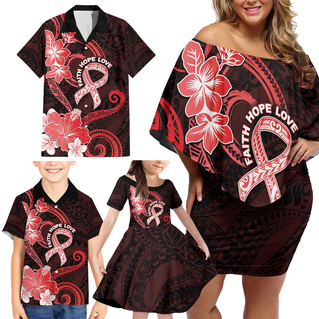 Heart Health Awareness Family Matching Off Shoulder Short Dress and Hawaiian Shirt Warrior Wears Red Polynesian Style