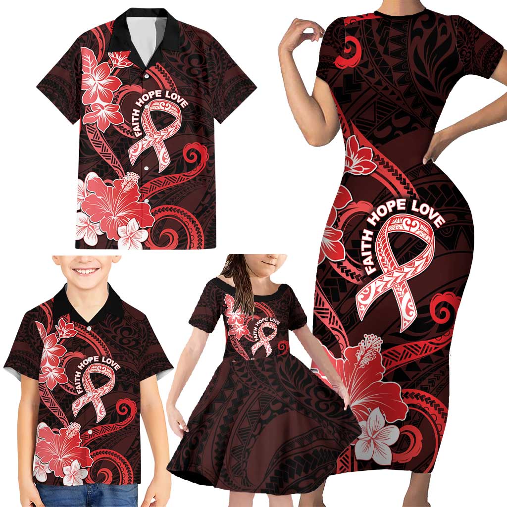 Heart Health Awareness Family Matching Short Sleeve Bodycon Dress and Hawaiian Shirt Warrior Wears Red Polynesian Style