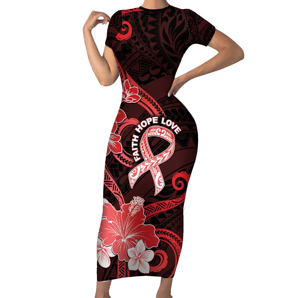 Heart Health Awareness Family Matching Short Sleeve Bodycon Dress and Hawaiian Shirt Warrior Wears Red Polynesian Style