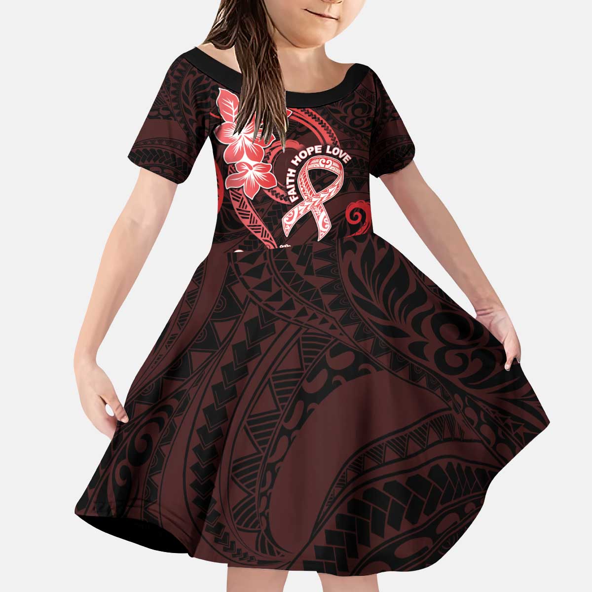 Heart Health Awareness Kid Short Sleeve Dress Warrior Wears Red Polynesian Style