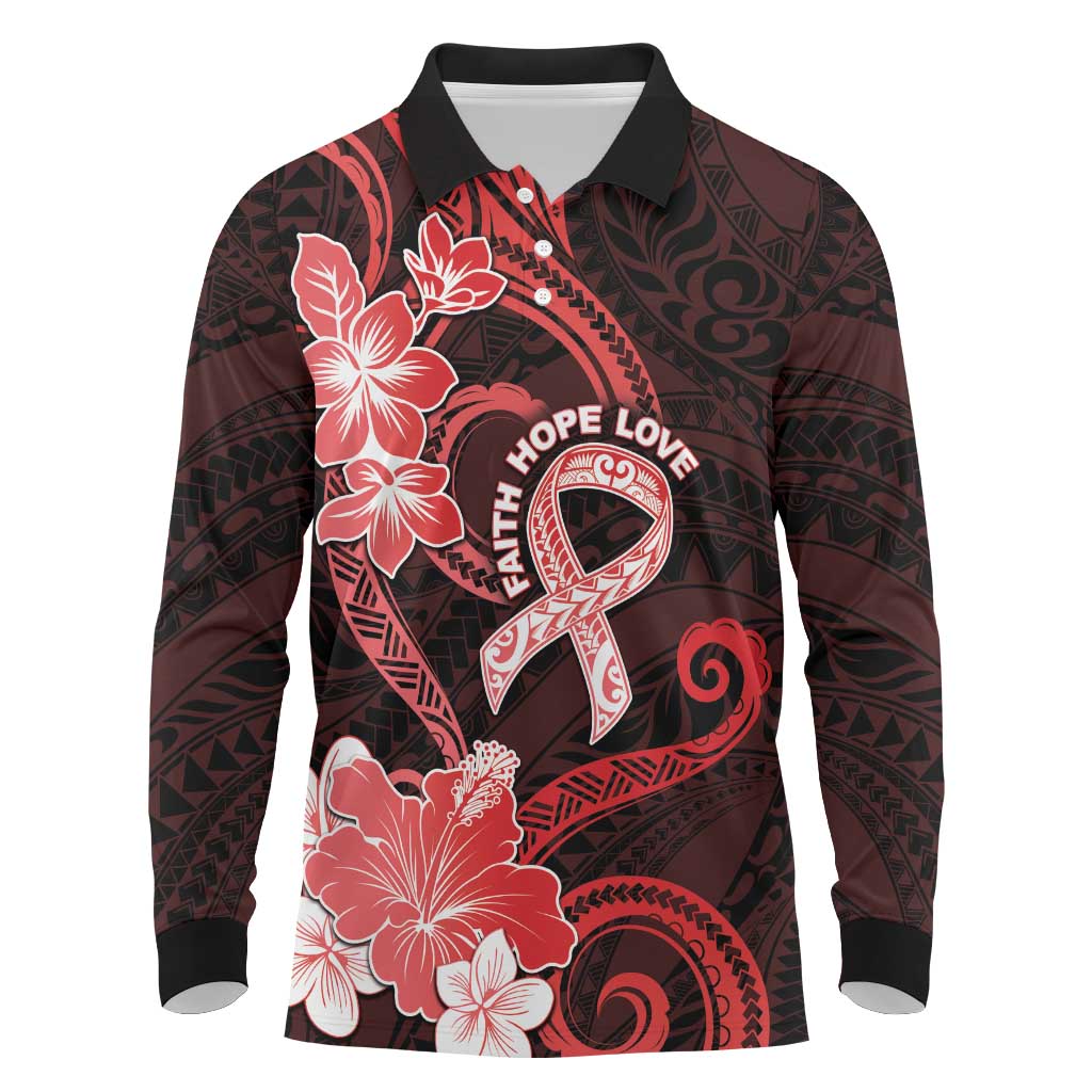 Heart Health Awareness Long Sleeve Polo Shirt Warrior Wears Red Polynesian Style
