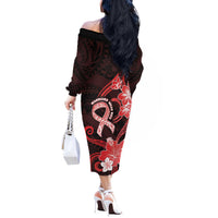 Heart Health Awareness Off The Shoulder Long Sleeve Dress Warrior Wears Red Polynesian Style