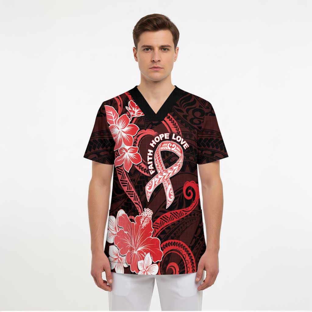 Heart Health Awareness Scrub Top Warrior Wears Red Polynesian Style - Polynesian Pride