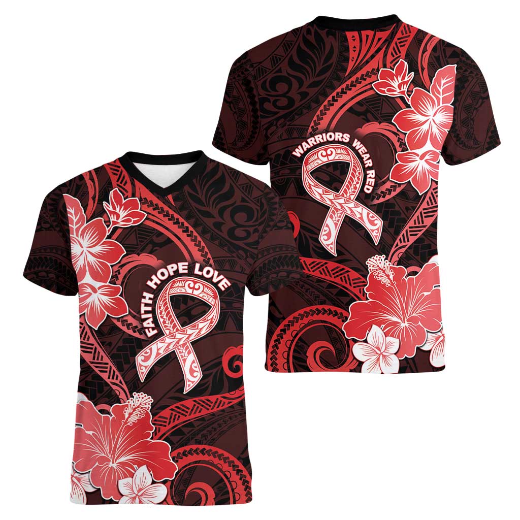 Heart Health Awareness Women V-Neck T-Shirt Warrior Wears Red Polynesian Style LT05 - Polynesian Pride