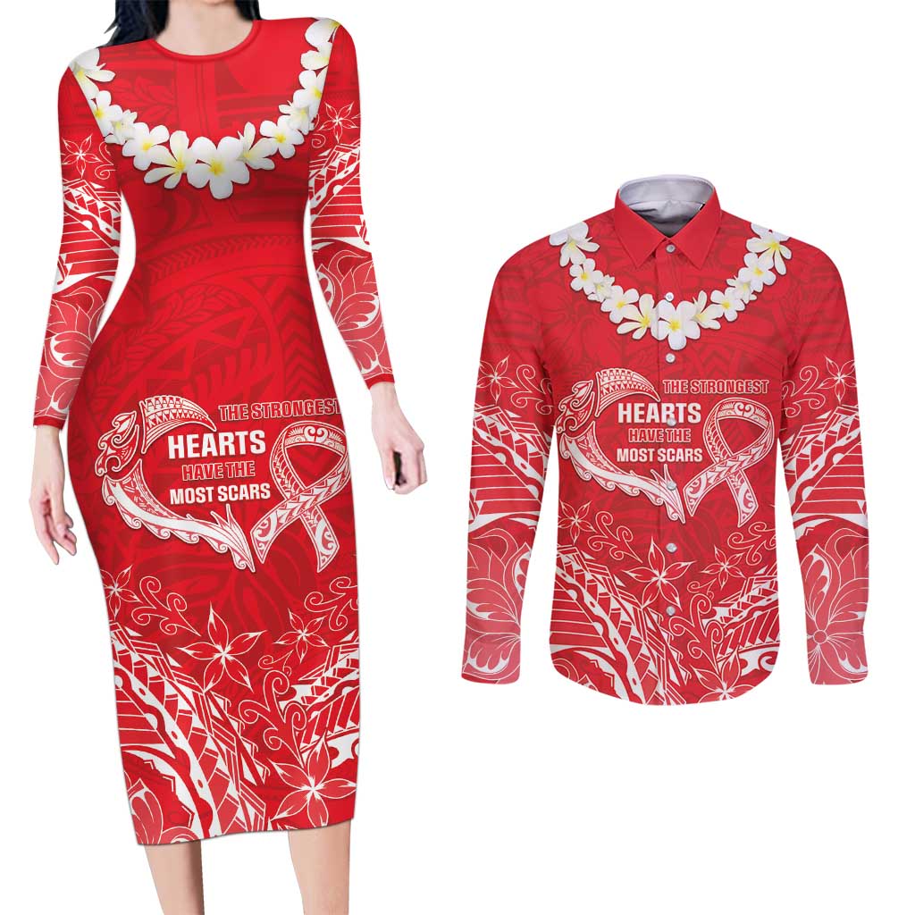 Heart Health Awareness Couples Matching Long Sleeve Bodycon Dress and Long Sleeve Button Shirt Polynesian Red Ribbon LT05 Red - Polynesian Pride