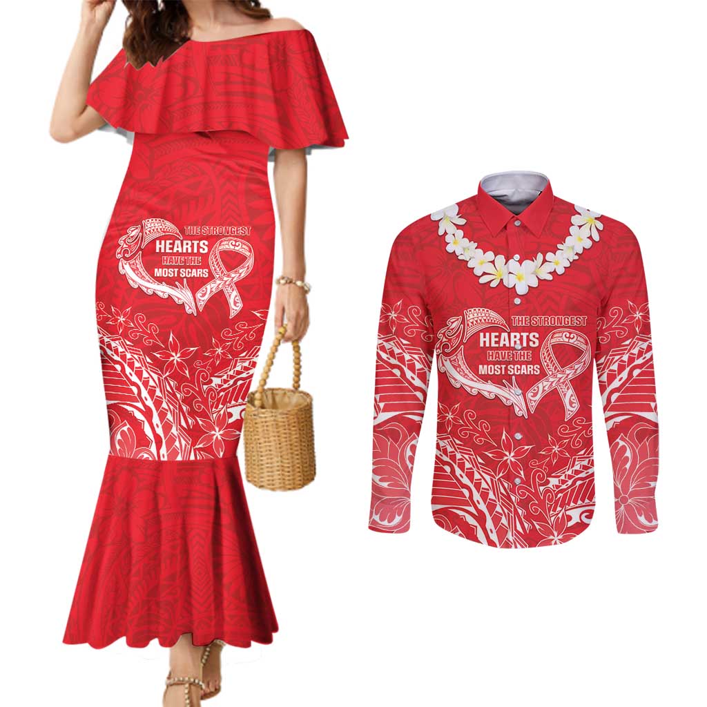 Heart Health Awareness Couples Matching Mermaid Dress and Long Sleeve Button Shirt Polynesian Red Ribbon LT05 Red - Polynesian Pride
