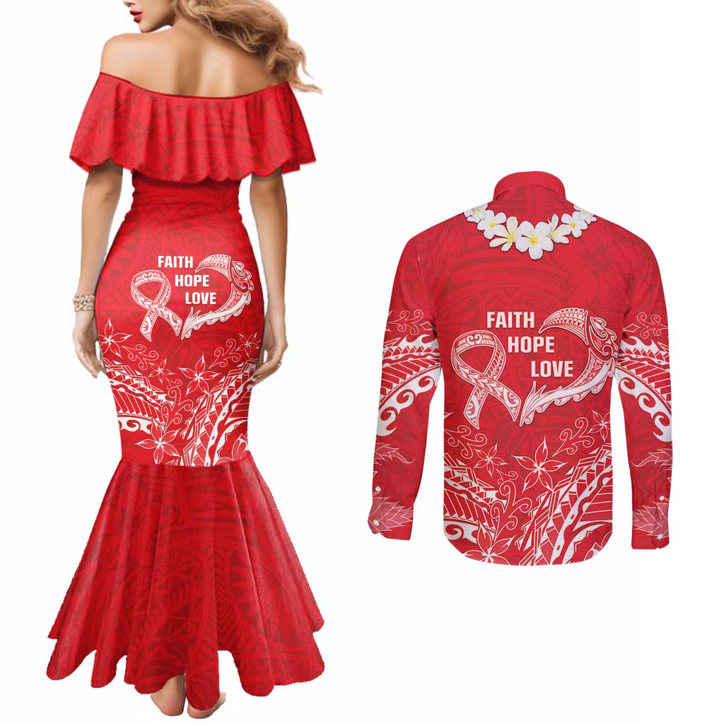 Heart Health Awareness Couples Matching Mermaid Dress and Long Sleeve Button Shirt Polynesian Red Ribbon LT05 - Polynesian Pride