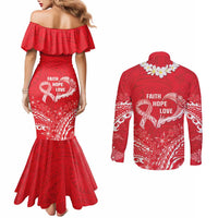 Heart Health Awareness Couples Matching Mermaid Dress and Long Sleeve Button Shirt Polynesian Red Ribbon LT05 - Polynesian Pride