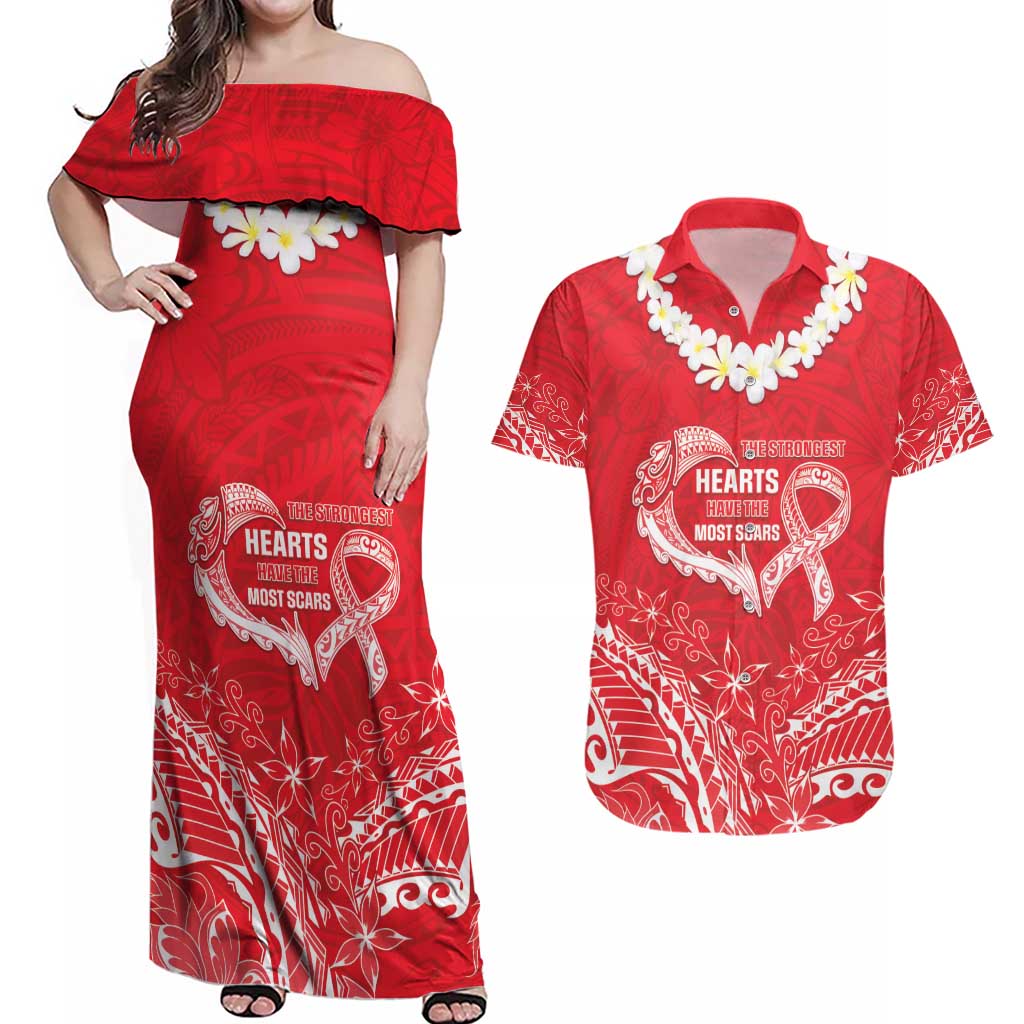 Heart Health Awareness Couples Matching Off Shoulder Maxi Dress and Hawaiian Shirt Polynesian Red Ribbon LT05 Red - Polynesian Pride