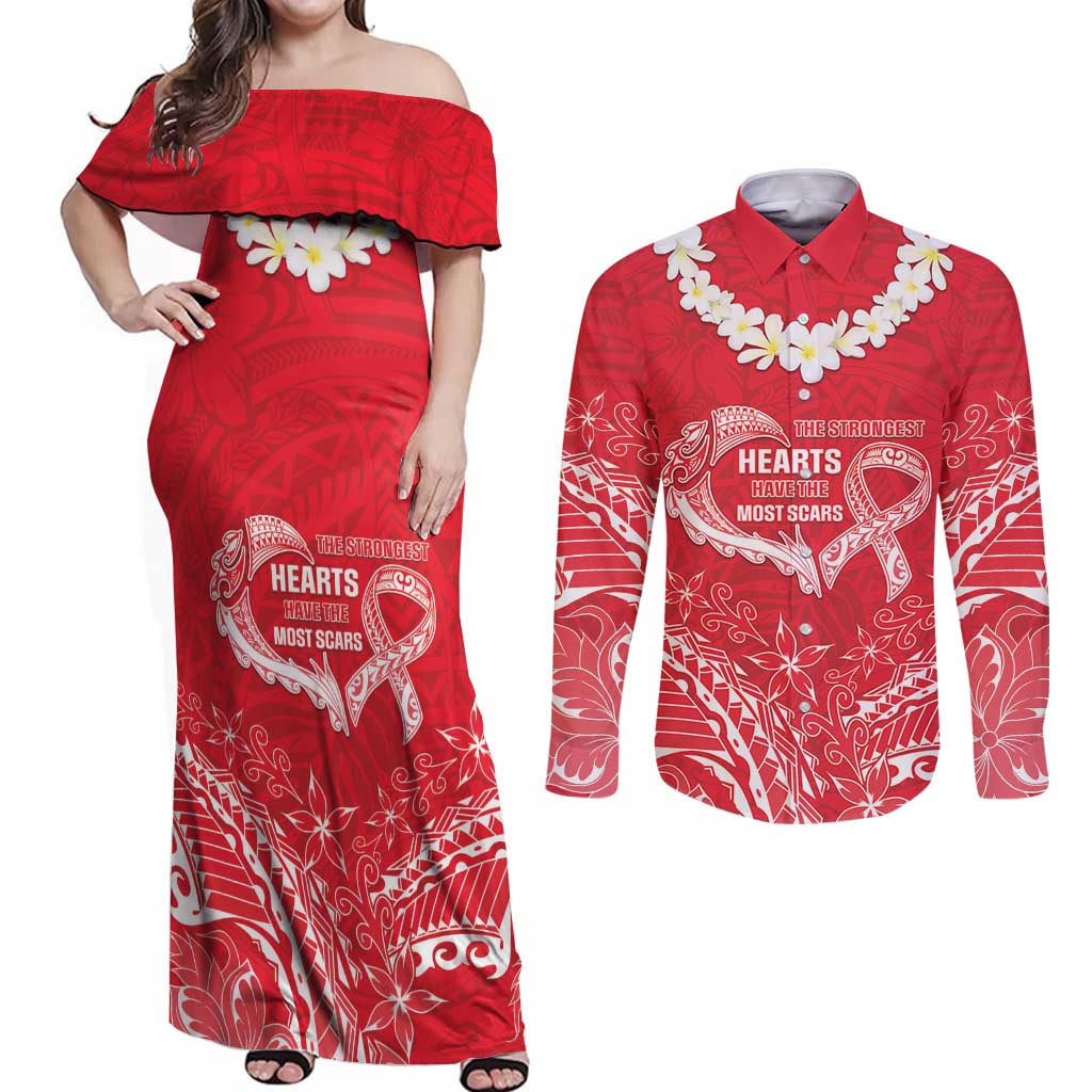 Heart Health Awareness Couples Matching Off Shoulder Maxi Dress and Long Sleeve Button Shirt Polynesian Red Ribbon LT05 Red - Polynesian Pride