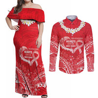 Heart Health Awareness Couples Matching Off Shoulder Maxi Dress and Long Sleeve Button Shirt Polynesian Red Ribbon LT05 Red - Polynesian Pride