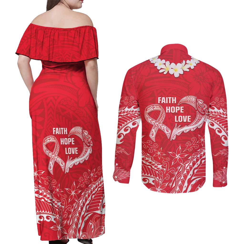 Heart Health Awareness Couples Matching Off Shoulder Maxi Dress and Long Sleeve Button Shirt Polynesian Red Ribbon LT05 - Polynesian Pride