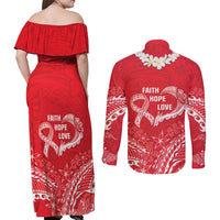 Heart Health Awareness Couples Matching Off Shoulder Maxi Dress and Long Sleeve Button Shirt Polynesian Red Ribbon LT05 - Polynesian Pride