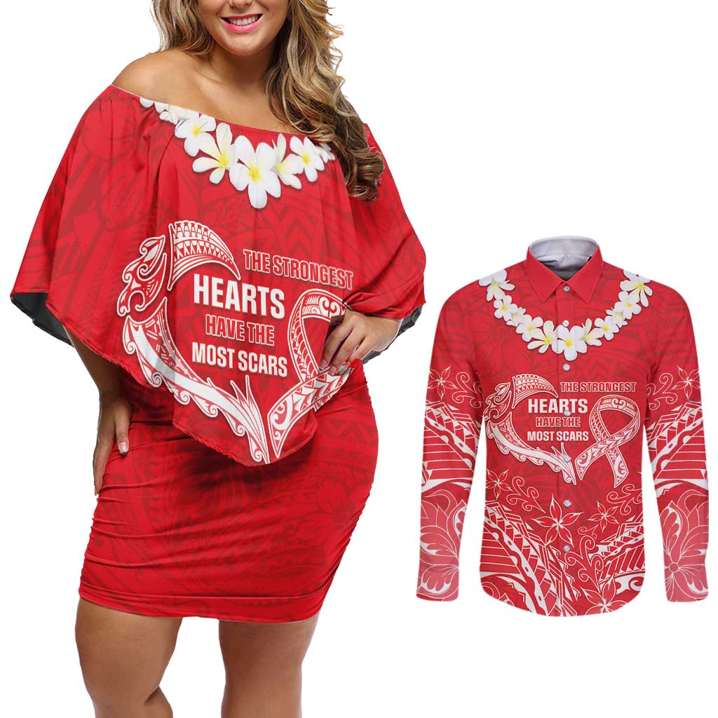 Heart Health Awareness Couples Matching Off Shoulder Short Dress and Long Sleeve Button Shirt Polynesian Red Ribbon LT05 Red - Polynesian Pride