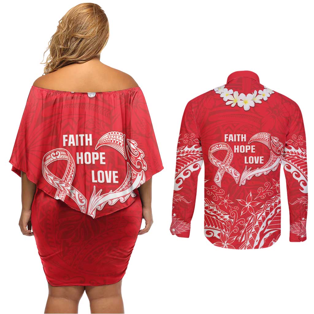 Heart Health Awareness Couples Matching Off Shoulder Short Dress and Long Sleeve Button Shirt Polynesian Red Ribbon LT05 - Polynesian Pride