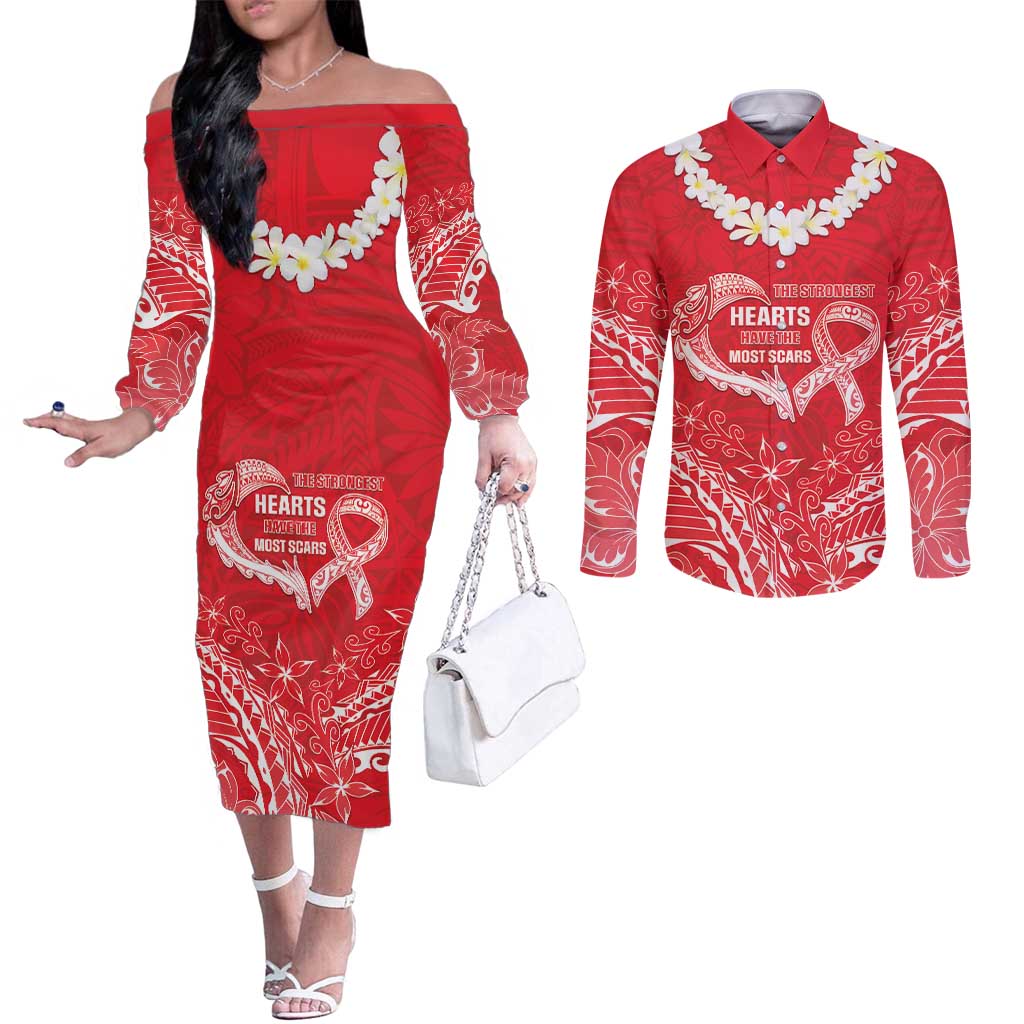 Heart Health Awareness Couples Matching Off The Shoulder Long Sleeve Dress and Long Sleeve Button Shirt Polynesian Red Ribbon LT05 Red - Polynesian Pride