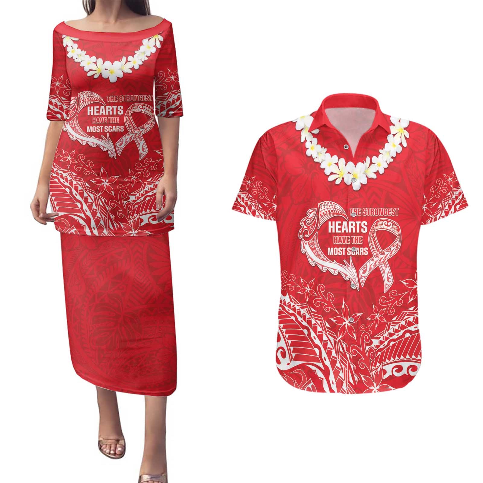 Heart Health Awareness Couples Matching Puletasi and Hawaiian Shirt Polynesian Red Ribbon LT05 Red - Polynesian Pride