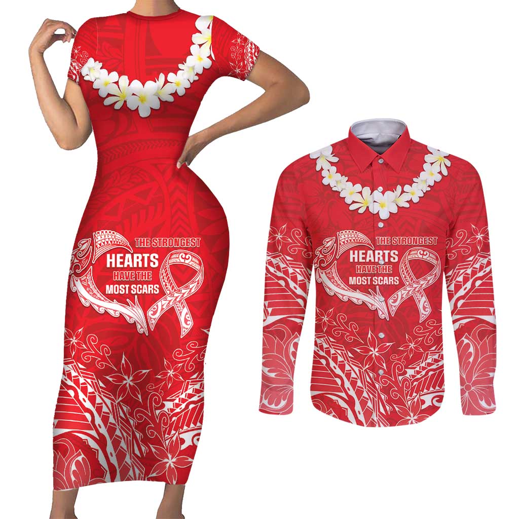Heart Health Awareness Couples Matching Short Sleeve Bodycon Dress and Long Sleeve Button Shirt Polynesian Red Ribbon LT05 Red - Polynesian Pride