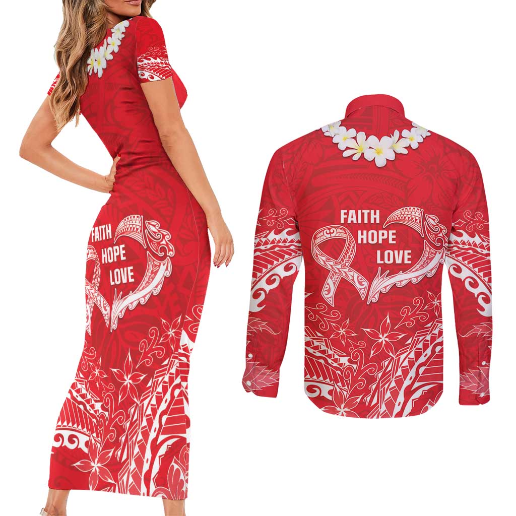 Heart Health Awareness Couples Matching Short Sleeve Bodycon Dress and Long Sleeve Button Shirt Polynesian Red Ribbon LT05 - Polynesian Pride