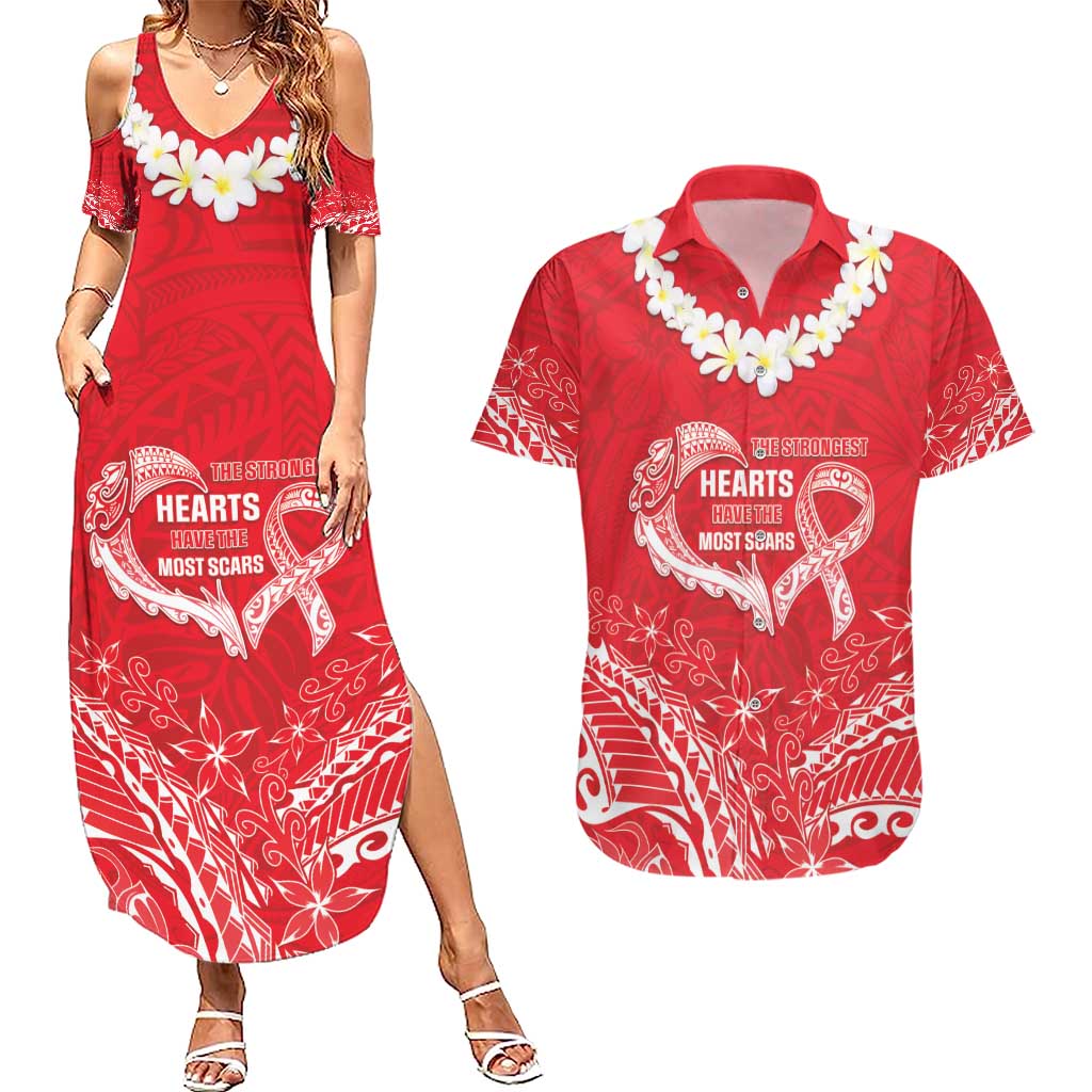 Heart Health Awareness Couples Matching Summer Maxi Dress and Hawaiian Shirt Polynesian Red Ribbon LT05 Red - Polynesian Pride