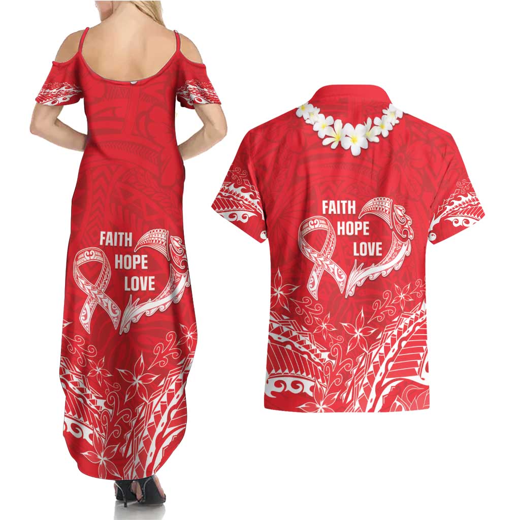 Heart Health Awareness Couples Matching Summer Maxi Dress and Hawaiian Shirt Polynesian Red Ribbon LT05 - Polynesian Pride