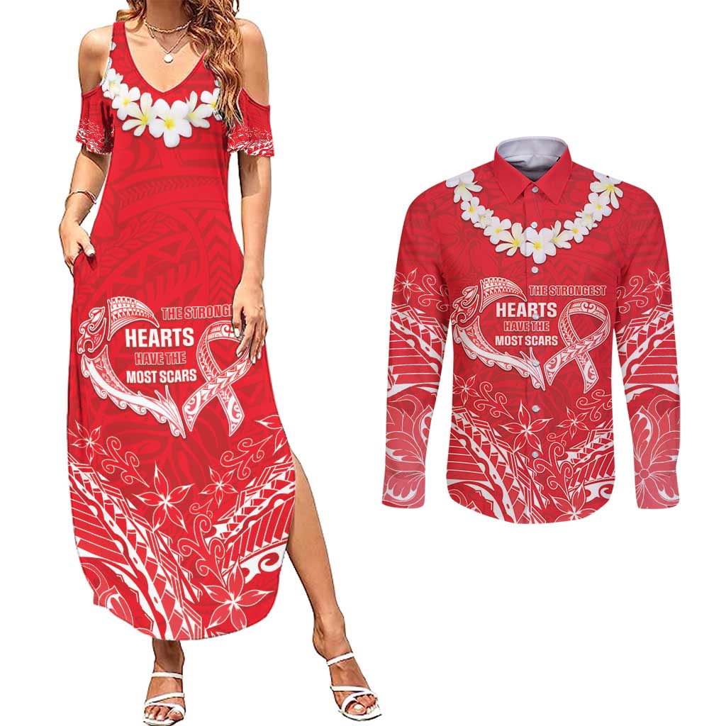 Heart Health Awareness Couples Matching Summer Maxi Dress and Long Sleeve Button Shirt Polynesian Red Ribbon LT05 Red - Polynesian Pride