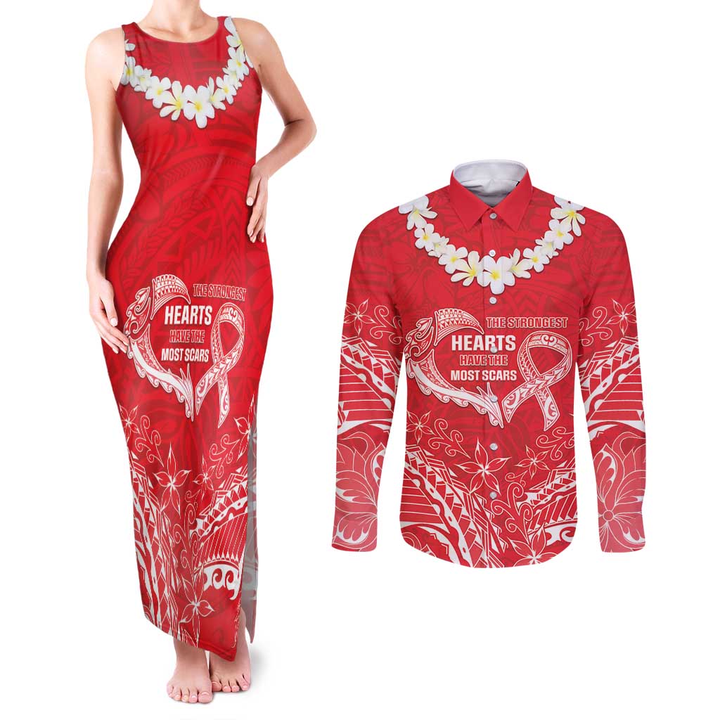 Heart Health Awareness Couples Matching Tank Maxi Dress and Long Sleeve Button Shirt Polynesian Red Ribbon LT05 Red - Polynesian Pride