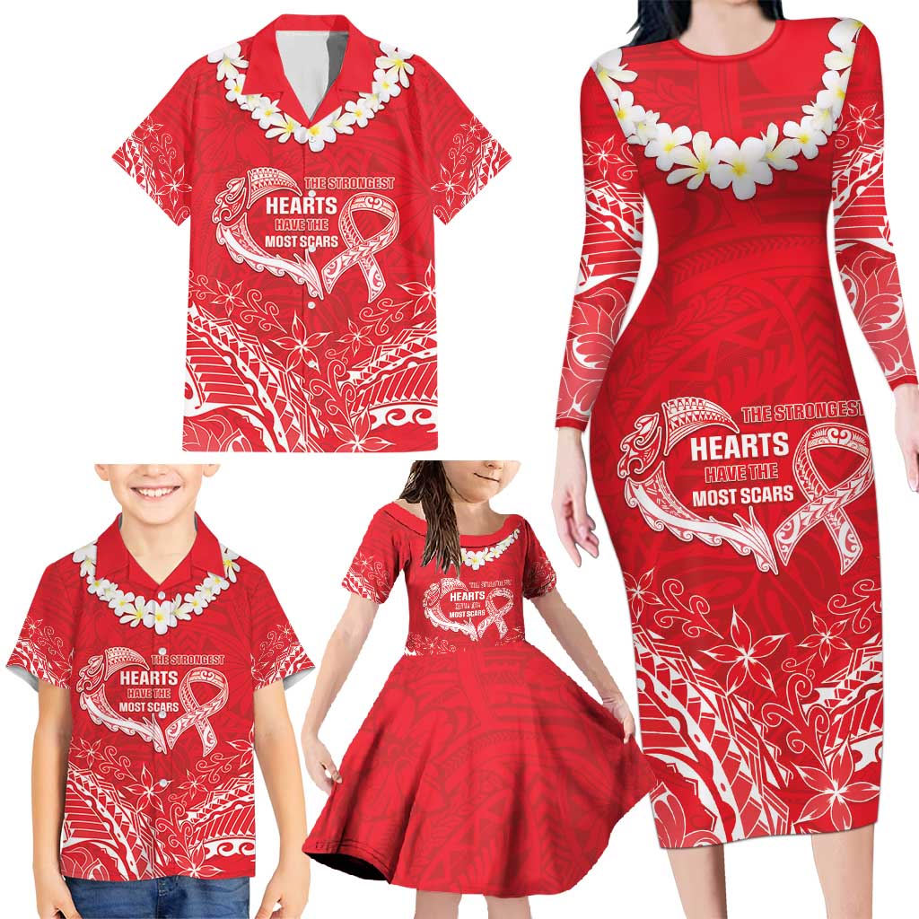 Heart Health Awareness Family Matching Long Sleeve Bodycon Dress and Hawaiian Shirt Polynesian Red Ribbon LT05 - Polynesian Pride