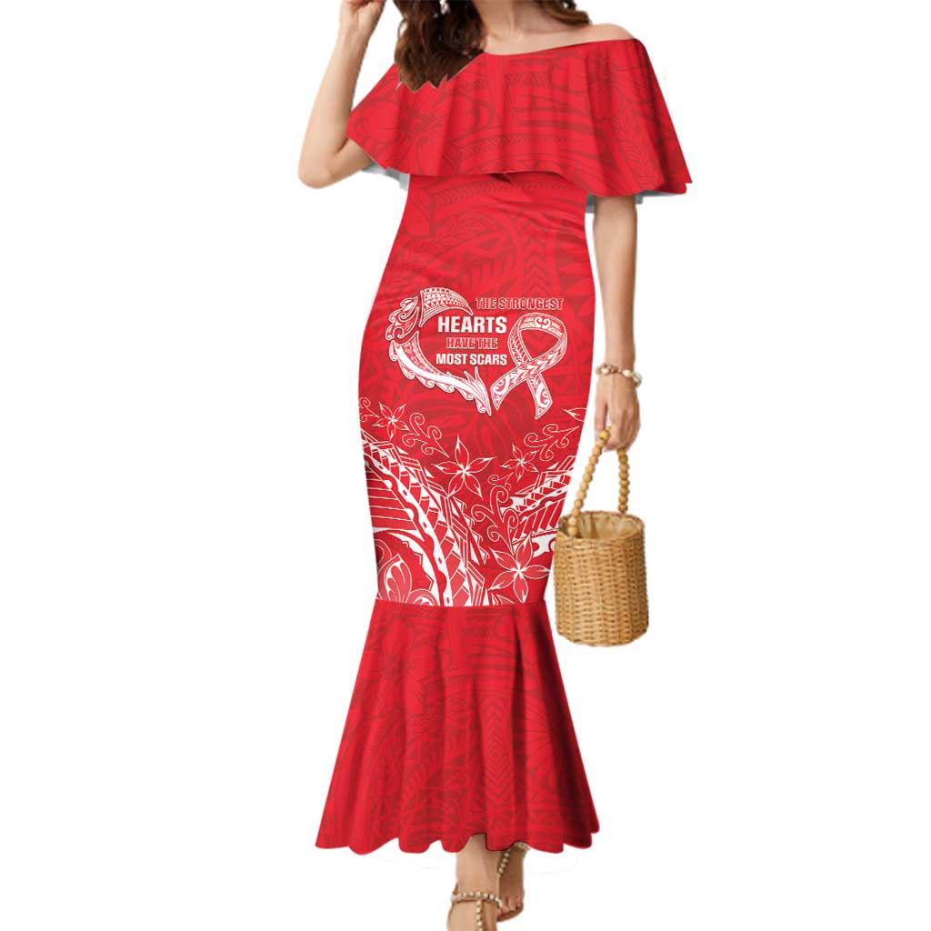Heart Health Awareness Family Matching Mermaid Dress and Hawaiian Shirt Polynesian Red Ribbon