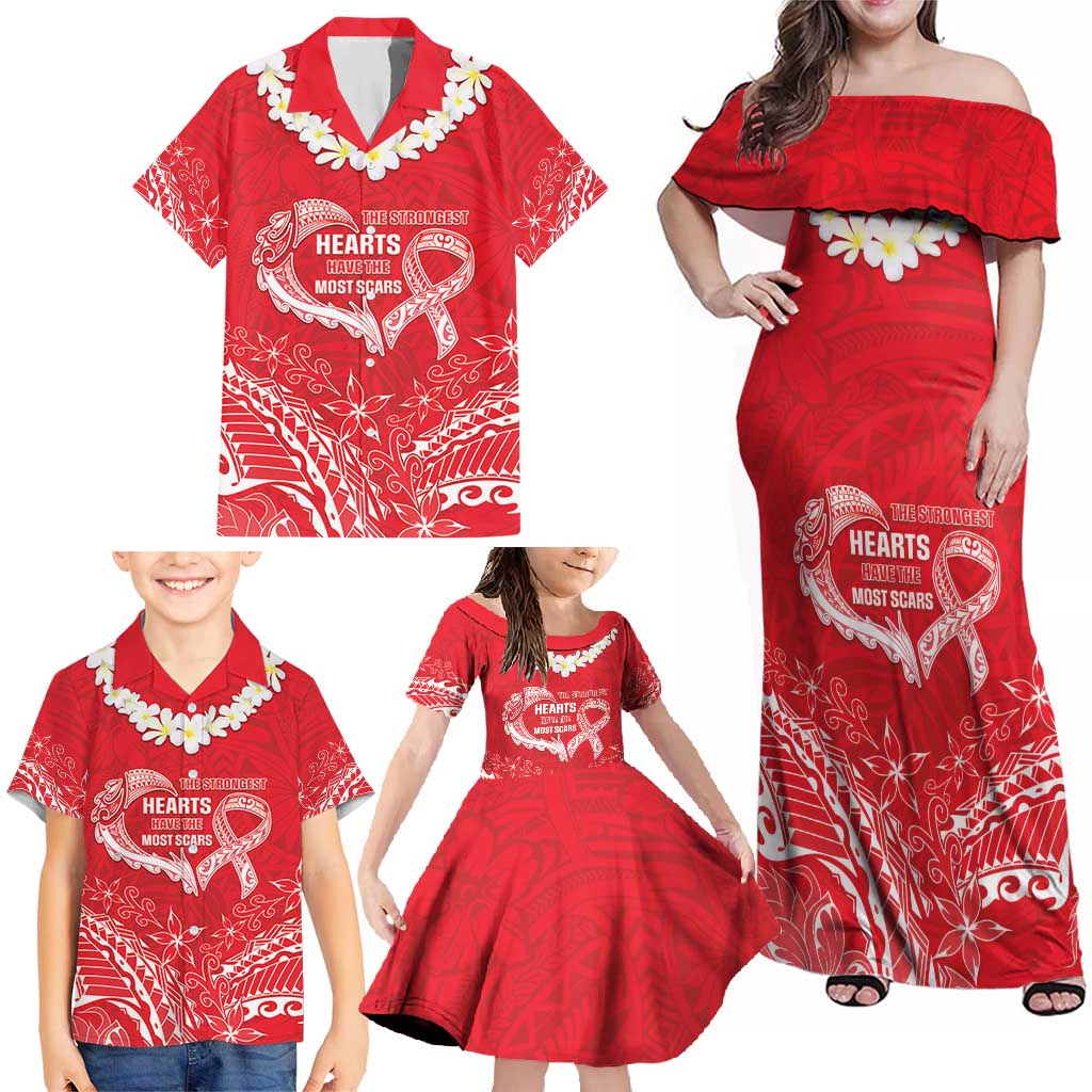 Heart Health Awareness Family Matching Off Shoulder Maxi Dress and Hawaiian Shirt Polynesian Red Ribbon