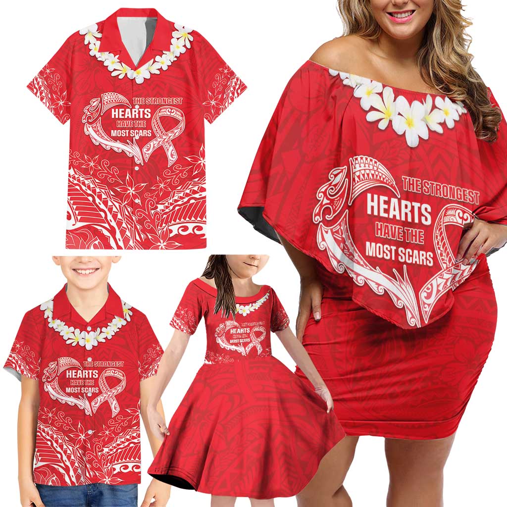 Heart Health Awareness Family Matching Off Shoulder Short Dress and Hawaiian Shirt Polynesian Red Ribbon LT05 - Polynesian Pride