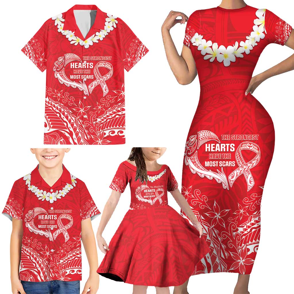 Heart Health Awareness Family Matching Short Sleeve Bodycon Dress and Hawaiian Shirt Polynesian Red Ribbon