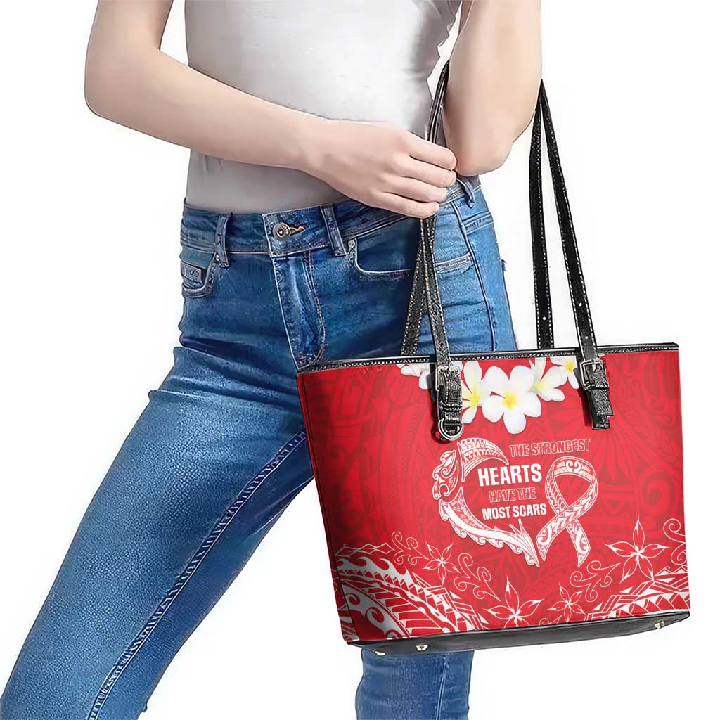 Heart Health Awareness Leather Tote Bag Polynesian Red Ribbon LT05 - Polynesian Pride