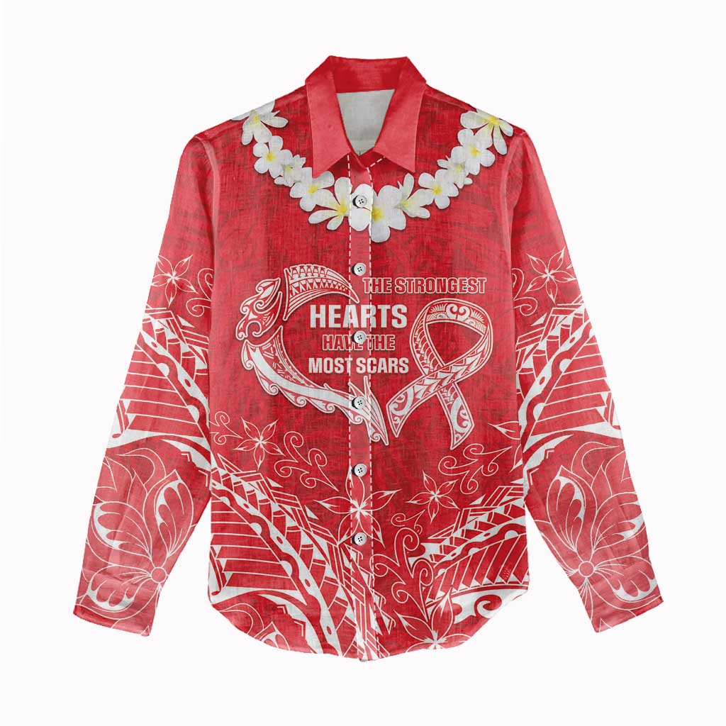 Heart Health Awareness Women Casual Shirt Polynesian Red Ribbon
