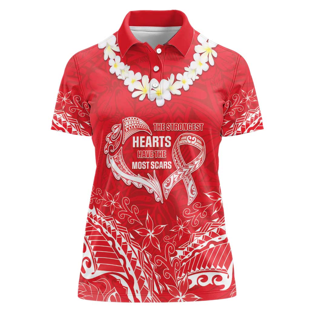 Heart Health Awareness Women Polo Shirt Polynesian Red Ribbon