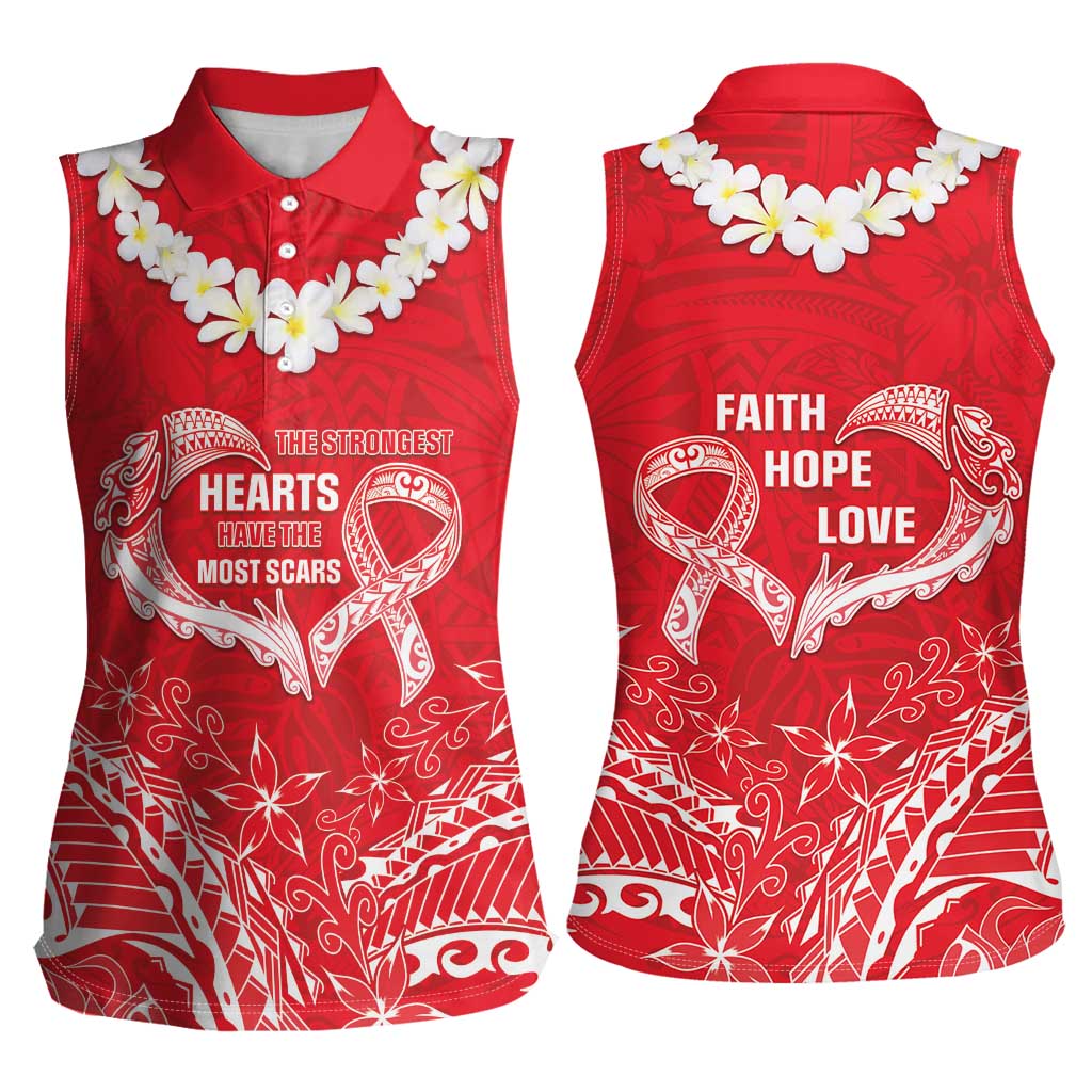 Heart Health Awareness Women Sleeveless Polo Shirt Polynesian Red Ribbon