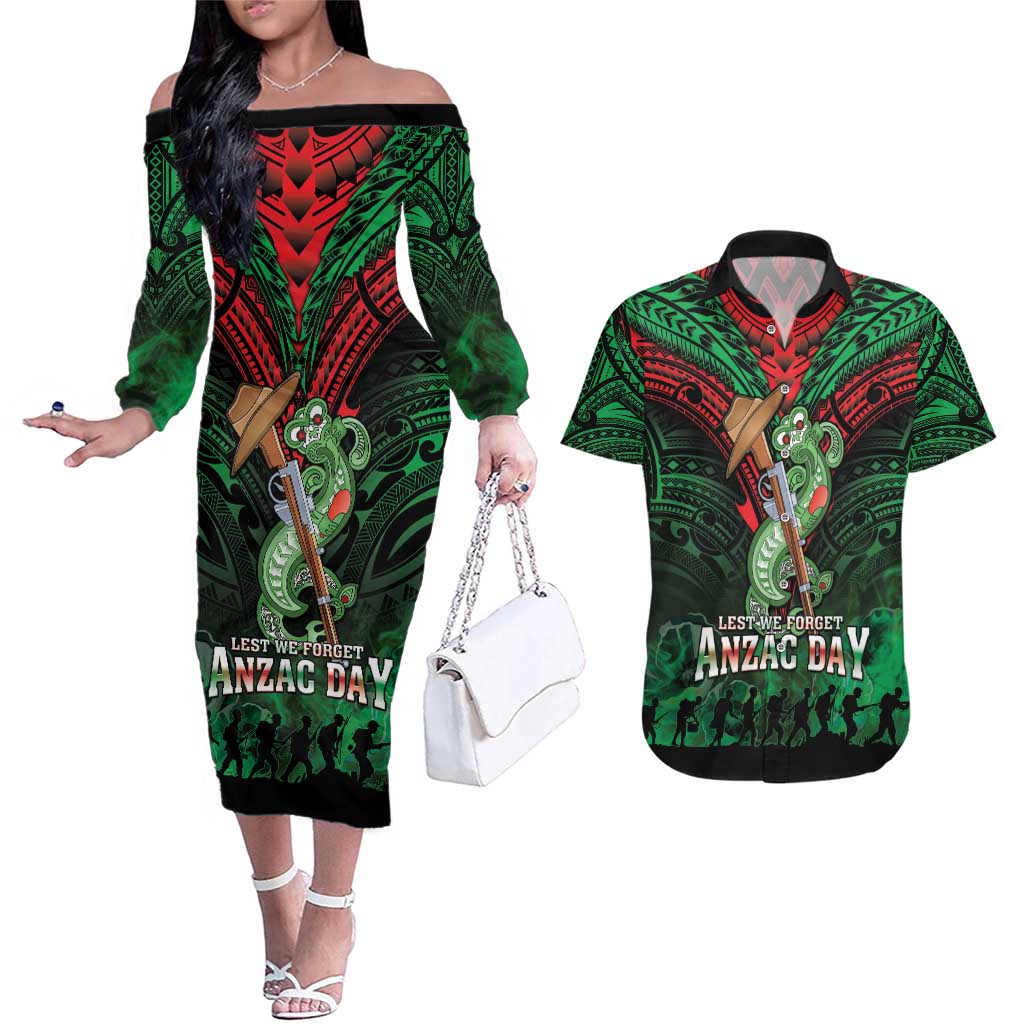 New Zealand ANZAC Day Couples Matching Off The Shoulder Long Sleeve Dress and Hawaiian Shirt Aotearoa Hei Tiki LT05 Green - Polynesian Pride