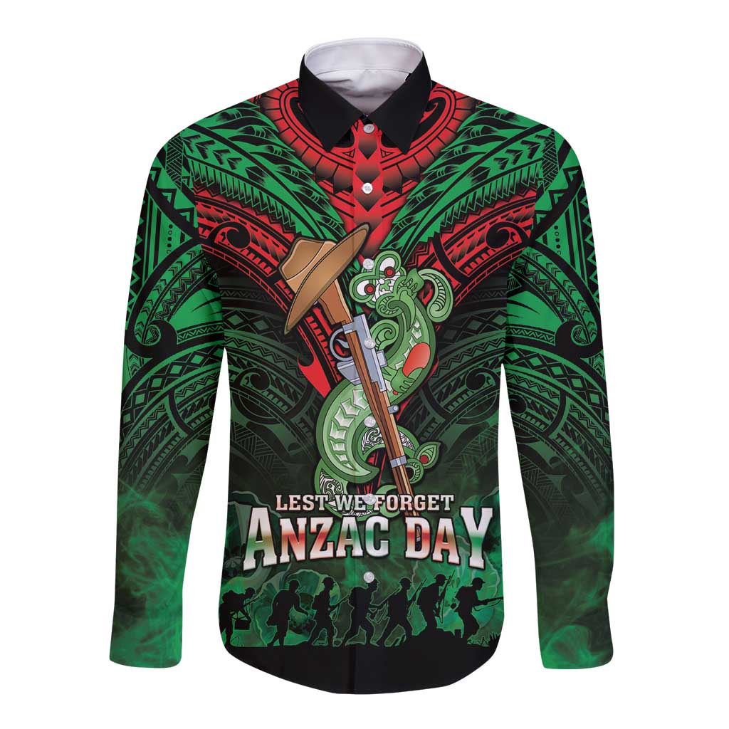 New Zealand ANZAC Day Long Sleeve Button Shirt Aotearoa Hei Tiki LT05 Unisex Green - Polynesian Pride